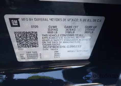2020 GMC Sierra 1500 2Wd Short Box Slt from USA, damaged, VIN 3GTP8DED5LG390233